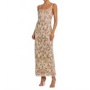 NEW MAC DUGGAL sleeveless hand embellished floral maxi dress in nude/multi